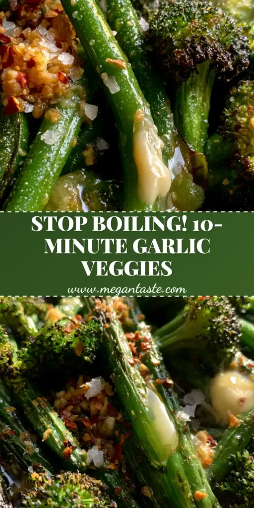 A rustic matte black cast iron skillet filled with charred broccoli and blistered green beans, glistening with golden garlic butter and chili flakes. (side dish recipes)