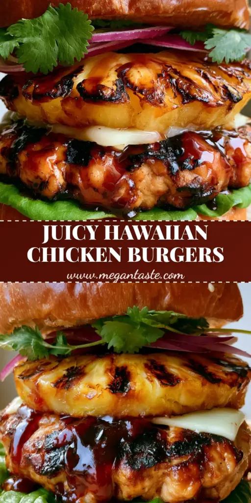 A towering Hawaiian chicken burger on a toasted sesame brioche bun with a glossy teriyaki glazed patty, melted Swiss cheese, and a charred pineapple ring.