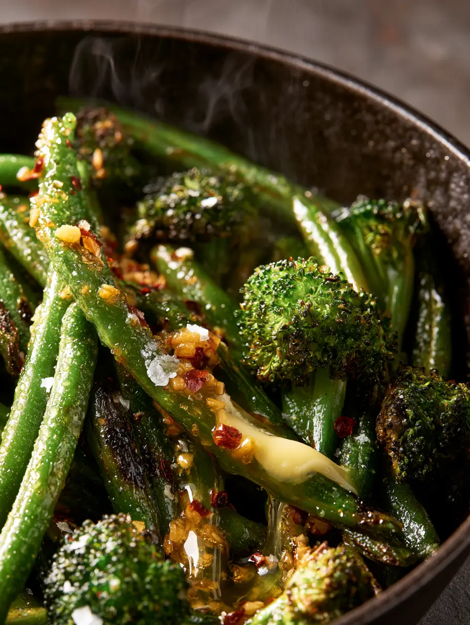 Macro shot of vibrant green beans and charred broccoli florets with visible droplets of melted garlic butter. (side dish recipes)