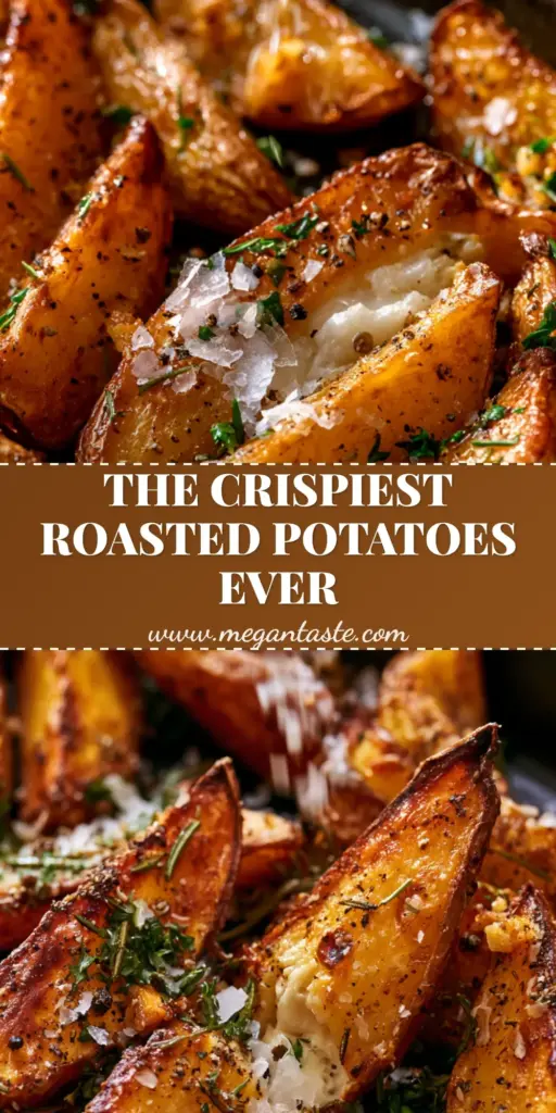 Easy Potato Recipes: Ultra-Crispy Garlic Rosemary Roasted Wedges 3 A hand sprinkling flaky sea salt over a tray of crispy golden-brown roasted potato wedges with rosemary and garlic. (easy potato recipes)
