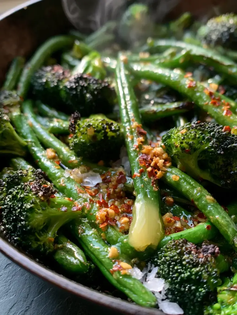 Close-up of golden minced garlic and red chili flakes over seared green vegetables in a cast iron pan.
