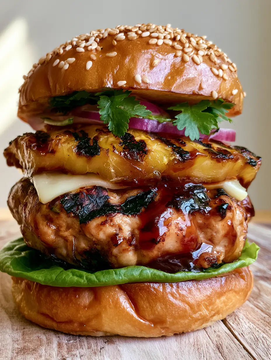 Handheld photo of a juicy Hawaiian chicken burger featuring deep sear marks, melting Swiss cheese, and vibrant butter lettuce. (Hawaiian Chicken Burgers)