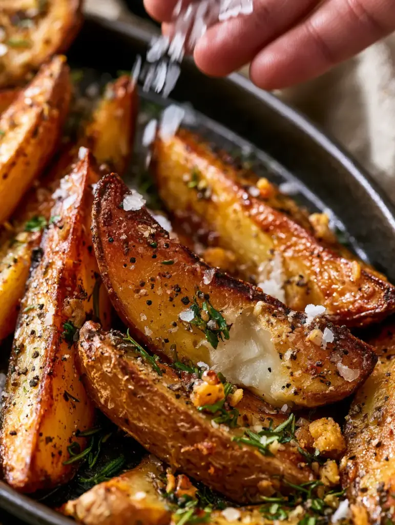 Extreme macro close-up of jagged, craggy potato edges with amber crust and green rosemary bits. (easy potato recipes)