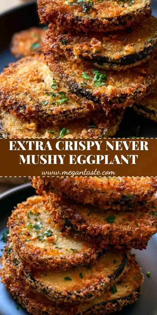 A stack of golden-brown Garlic Herb Crusted Eggplant slices on a dark plate with a side of garlic aioli.