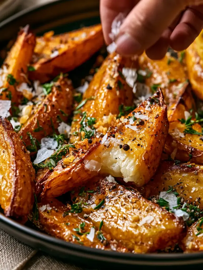 Easy Potato Recipes: Ultra-Crispy Garlic Rosemary Roasted Wedges 1 Close-up of a broken potato wedge showing a fluffy white starchy center and golden garlic bits. (easy potato recipes)