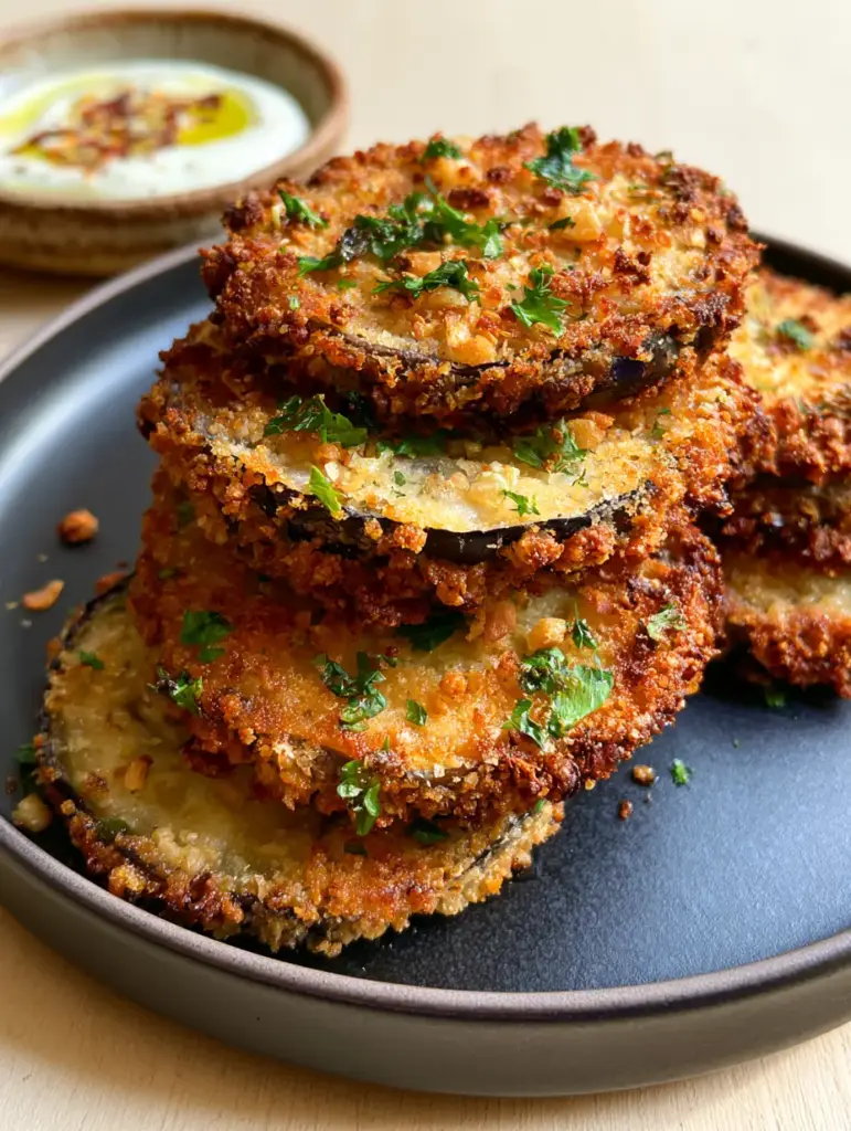 Close up photo of jagged golden-brown panko and parmesan crust on Garlic Herb Crusted Eggplant.