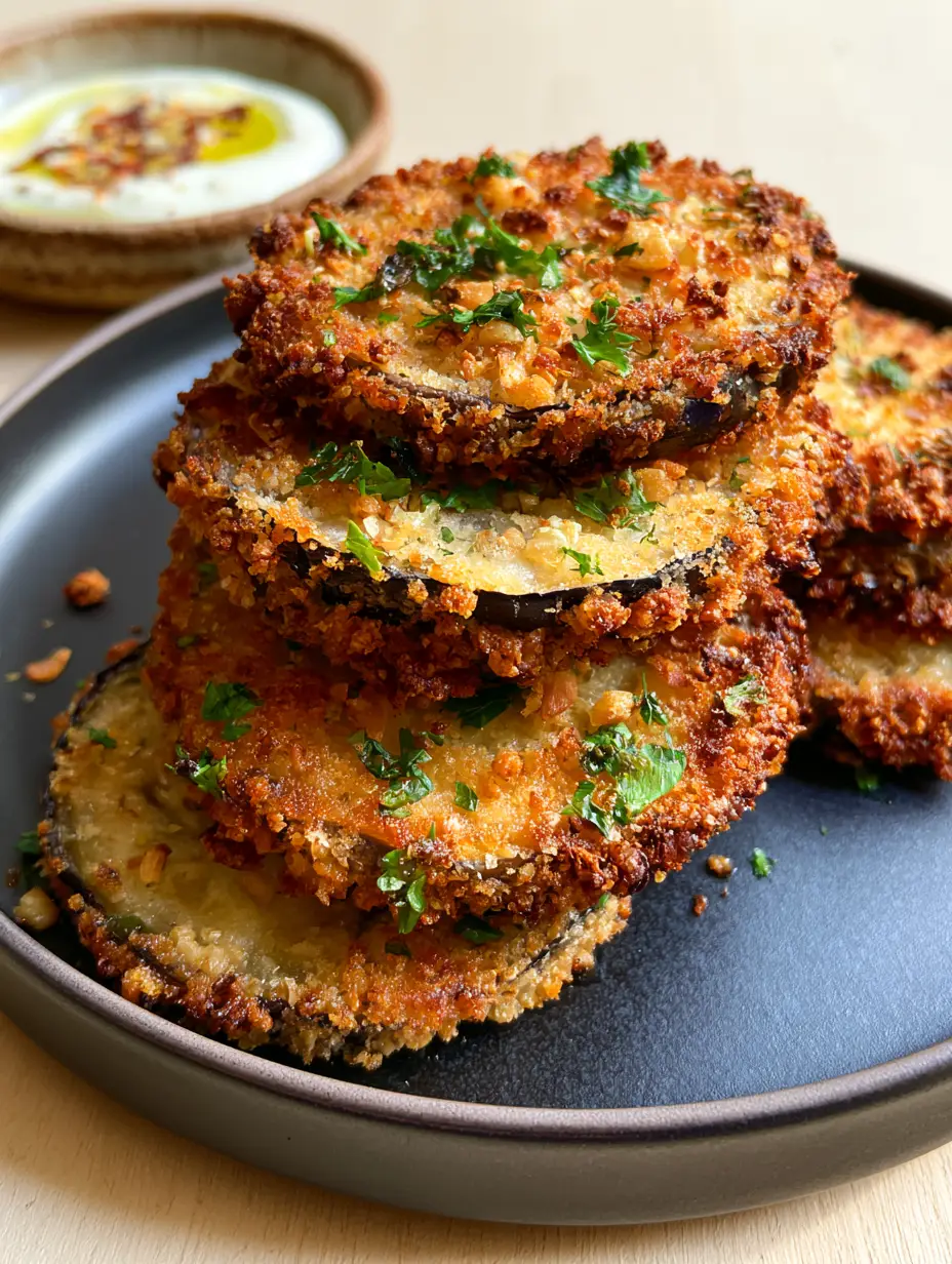Close up photo of jagged golden-brown panko and parmesan crust on Garlic Herb Crusted Eggplant.