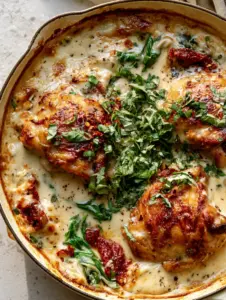 Close-up of seared golden chicken thighs in a bubbling ivory garlic sauce. (High Protein Clean Eating Recipes)