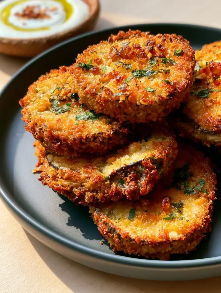 Thick eggplant rounds with visible parsley and toasted garlic flecks, served on a charcoal matte plate.
