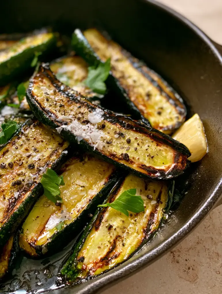 Diagonal slices of striped zucchini glistening with olive oil and seasoned with black pepper in a cast iron pan.