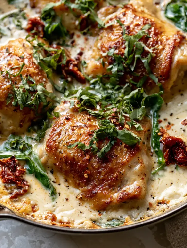 High Protein Clean Eating Recipes: Creamy Garlic Tuscan Chicken Skillet 1 Rustic cast iron skillet filled with Tuscan chicken, wilted spinach, and fresh basil chiffonade.