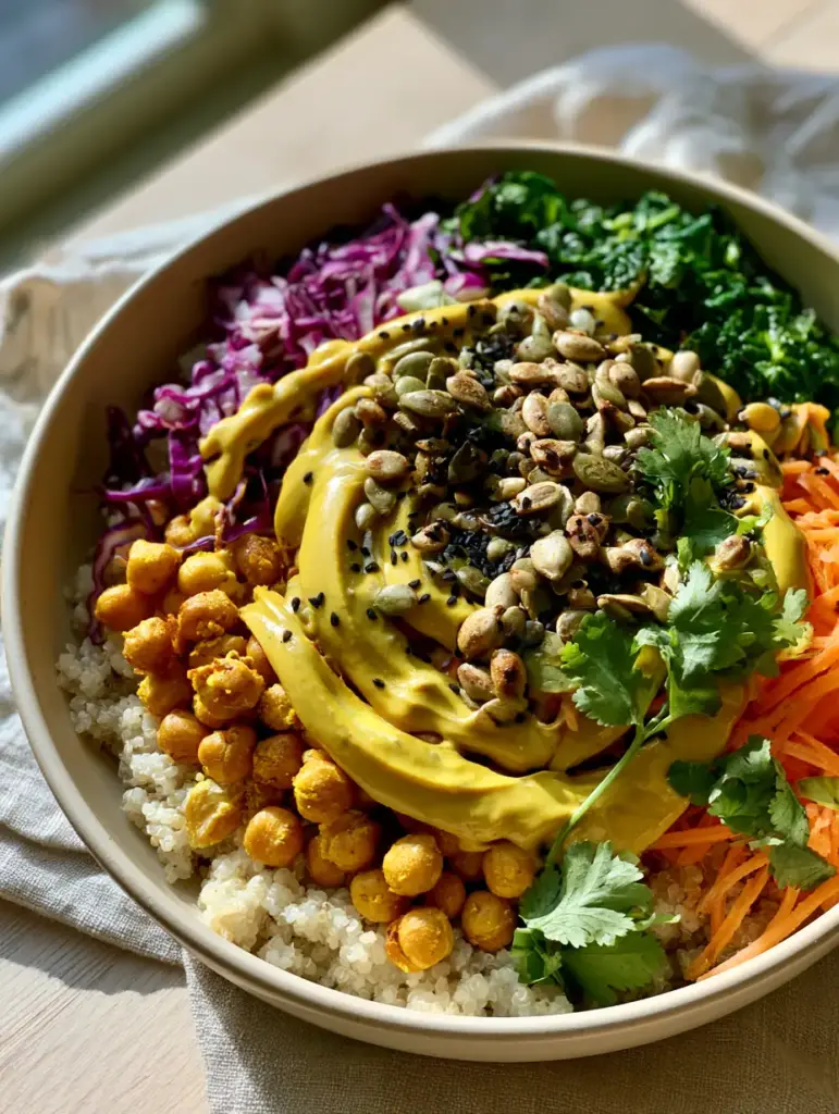 Anti-Inflammatory Glow Bowl with Turmeric Tahini Dressing 1 Overhead view of the Anti-Inflammatory Glow Bowl with thick ribbons of turmeric ginger tahini dressing.